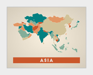 Asia poster. Map of the continent with colorful regions. Shape of Asia with continent name. Appealing vector illustration.