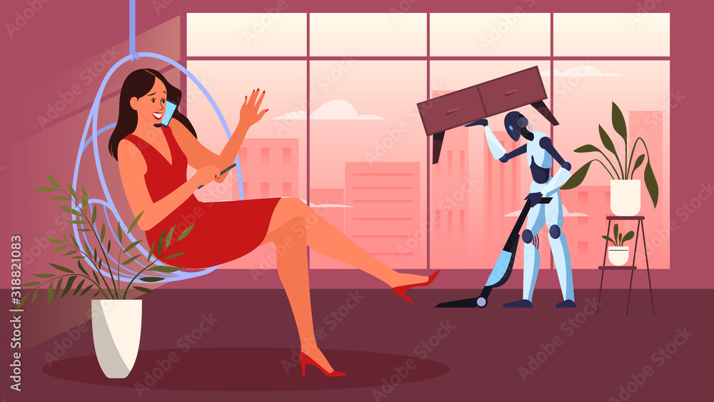 Poster robot doing housework. robotic housekeeping. robot doing home cleanup