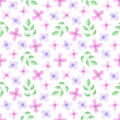 Watercolor natural seamless pattern with spring flowers, spring greenery, willow branch. Delicate cute pink flowers. Spring season illustration, spring background, garden print. Digital paper