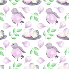 Watercolor natural floral seamless pattern with bird, branch, eggs and feathers. Spring season illustration, spring background, garden print. Easter eggs. Happy Easter. Digital paper