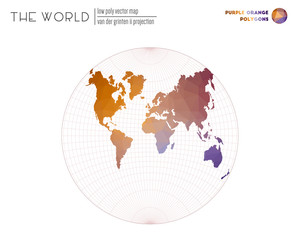 Fototapeta na wymiar Vector map of the world. Van der Grinten II projection of the world. Purple Orange colored polygons. Trending vector illustration.