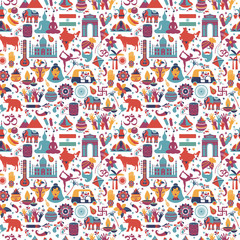 Traditional symbols of India seamless pattern on white background.