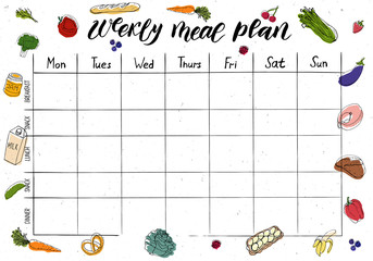 Cute A4 template for weekly and daily meal planner with lettering and doodle drawings of food.