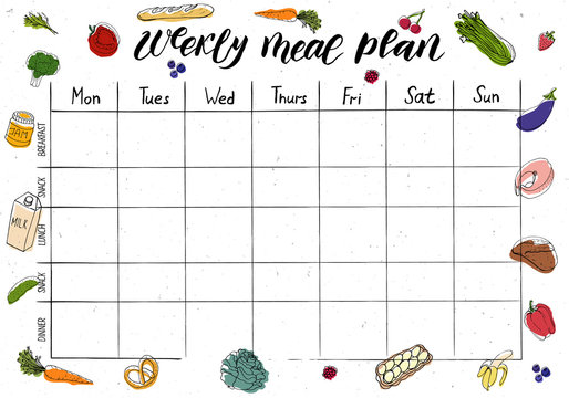 Cute A4 template for weekly and daily meal planner with lettering and doodle drawings of food.