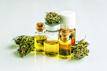 Medical Cannabis ( Marijuana ) oil ready for consumption,cannabis,Essential oil made from medicinal cannabis.Cannabis herb and leaves for treatment.Buds. Skunk. cbd