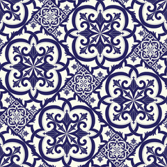 Mexican tile pattern vector seamless with parquet motifs. Portuguese azulejos, talavera, spanish ceramic or italian sicily majolica. Background mosaic texture for kitchen wallpaper or bathroom floor.