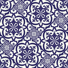 Gordijnen Mexicaanse tegelpatroon vector naadloos met parketmotieven. Portugese azulejos, talavera, spaans keramiek of italiaanse sicilië majolica. Achtergrondmozaïektextuur voor keukenbehang of badkamersvloer. © irinelle