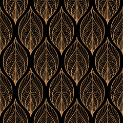 Peacock feathers floral royal pattern seamless. Gold black luxury background vector. Indian design for christmas wrapping paper, beauty spa, new year wallpaper, birthday gift, wedding party. - 318822442
