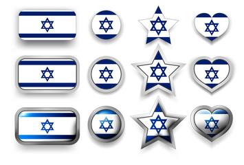 Set of Israel vector labels - square button, circle button, star and heart buttons in flag colors blue, white for flyer, poster or any holiday design