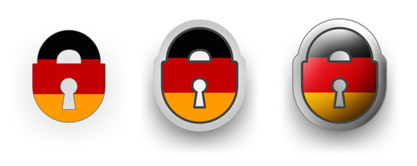 Set of 3 vector labels of Germany - locked padlock, flat and volumetric style in flag colors black, red, yellow for poster, flyer
