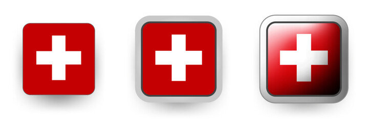 Set of 3 Switzerland vector labels - square button shield, flat and volumetric style in flag colors red, white for flyer any holiday design or poster