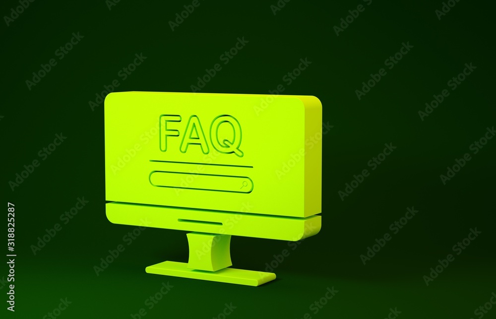 Poster yellow computer monitor with text faq information icon isolated on green background. frequently aske