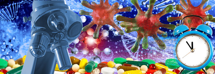 Microscope,clock, pills and аbstract image of coronaviruses on the background of a stylized image of a DNA chain. 3d illustration