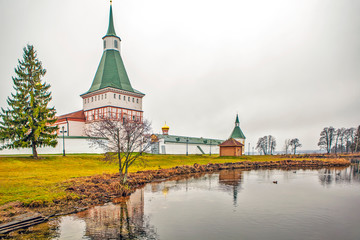 Nikonovskaya and water-supply towers. Valdai Iversky Monastery. Novgorod region. Selvitsky Island. Russia