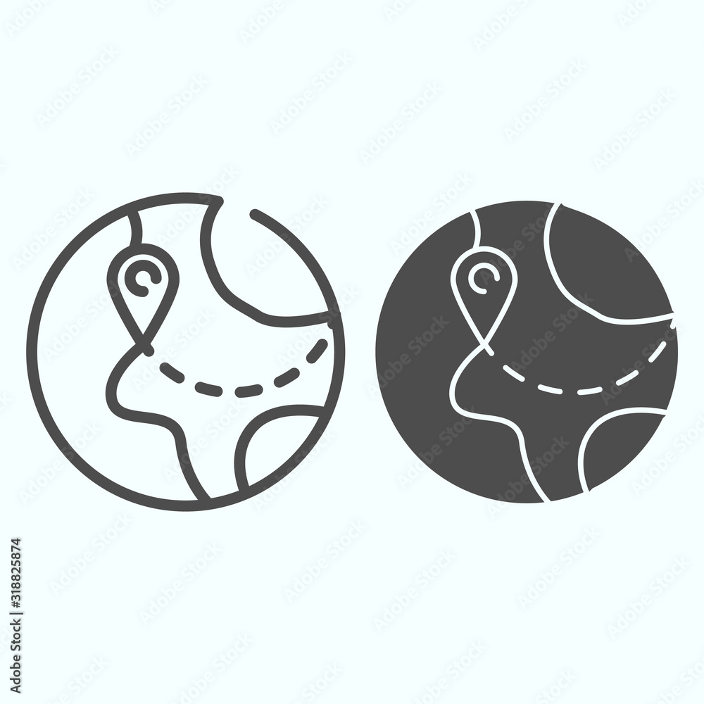 Poster planet earth with pin line and solid icon. earth with pointer vector illustration isolated on white.