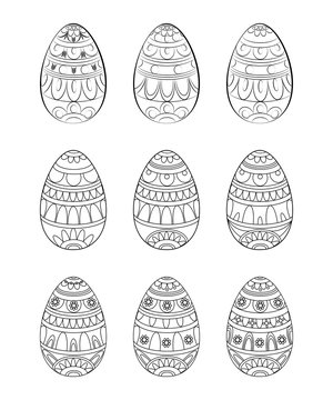  Set of traditional easter eggs with ornament. Contour image. Design element. Vector illustration.