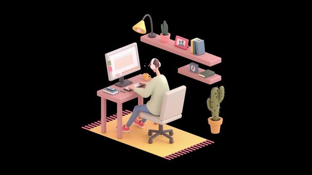 3d seamless animation of young man sitting at office desk working on computer. Cartoon guy with headphones listening music. Modern teenager boy room with workplace in pastel colors with alpha channel.