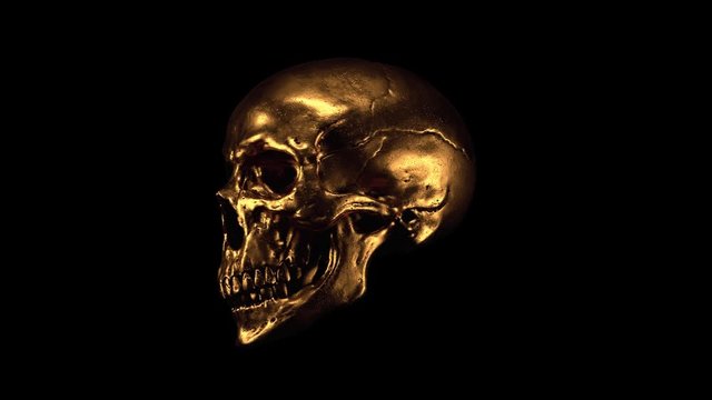 3d seamless animation of scary grunge gold human skull with alpha channel. Motion graphics of creepy gothic skull with teeth. Dark fantasy. Turntable Devil gold Mask. Skull and Crossbones. Halloween.