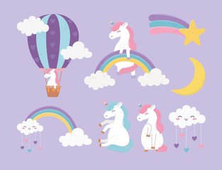 cute unicorns rainbows cloud air balloon star moon fantasy cartoon set