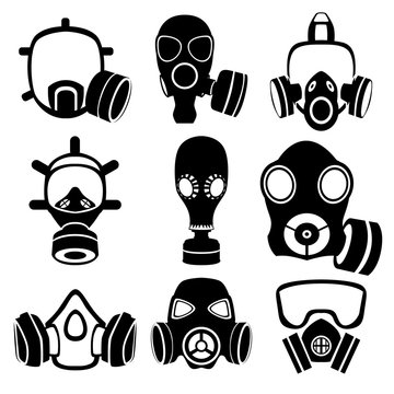 Military and civilian gas masks. Icons of the epidemic. Chemical and bio-defense.
