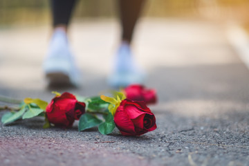 A woman turn back and walk away from red color roses flower on the floor