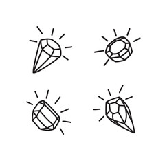 Gems. Set of isolated black and white icons for coloring and design. Illustration in cartoon style.