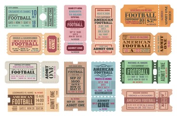 American football vector game tickets, isolated on white. Football team match, retro isolated vintage adit templates form paper or carton with perforated line © Vector Tradition