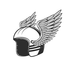 Biker helmet with wings. Motor race team symbol, rally sport team emblem and custom chopper bike riders tournament sign