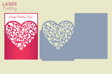 Laser cut pocket envelope with patterned heart. Template for cutting. Wedding invitation or valentine greeting card mockup with lace heart.