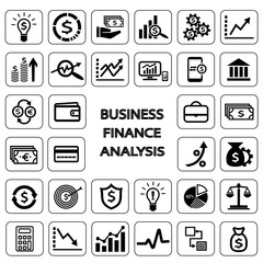 Business intelligence vector icon set, finance and analysis, flat design.