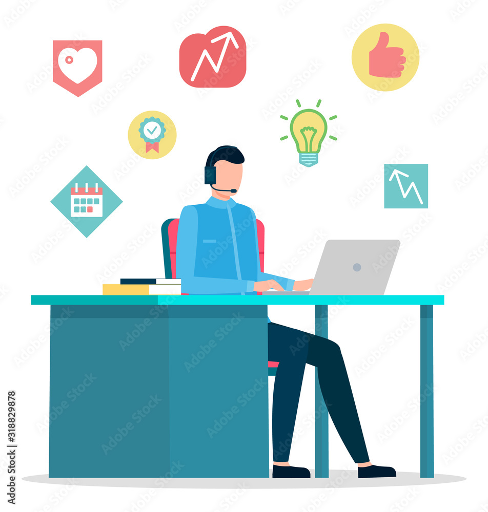 Poster male character at table with laptop and headset, office worker in headphones with microphone vector.