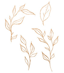 Golden Christmas pattern with branches and berries. Foil texture. Hand drawn winter design.