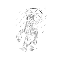 Couple women in vintage clothes walking under umbrella in rain