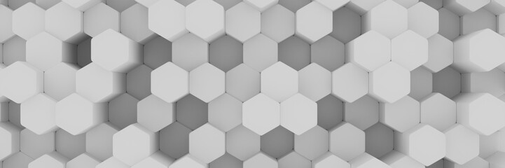 Fototapeta premium White wall of honeycombs. Chaotic Cubes Wall Background. Panorama with high resolution wallpaper. 3d Render Illustration
