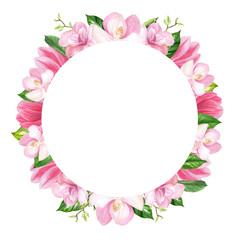 finished image of a wreath of pink Magnolia flowers on a white background, there is a place for your signature, watercolor