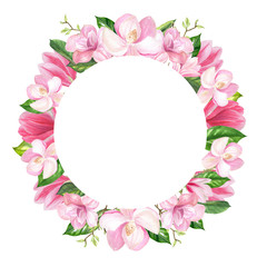 finished image of a wreath of pink Magnolia flowers with twigs on a white background, there is a place for your signature, watercolor