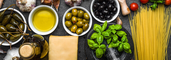 Mediterranean food ingredients or italian diet background
