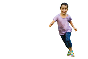 Young girl running in studio isolated on white