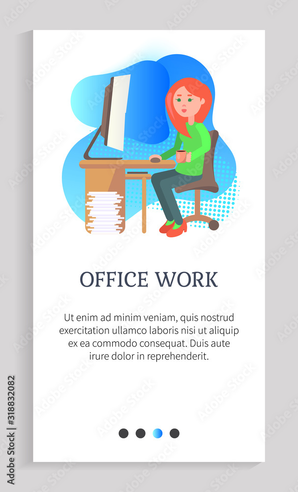 Poster office work vector, secretary working by laptop dealing with information analysis flat style. woman 