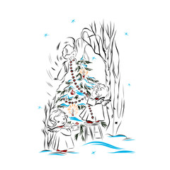 children angels decorate a Christmas tree in the forest with squirrels