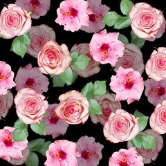 Beautiful floral background of pink hibiscus and roses. Isolated