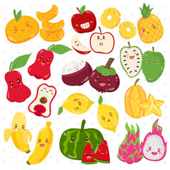 Set of cute tropical fruits with different expressions, cartoon vector.	