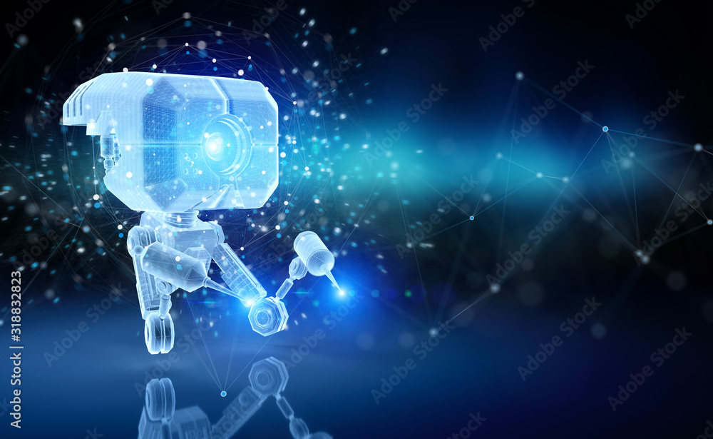 Poster futuristic nanorobot holographic projection on blue background 3d rendering