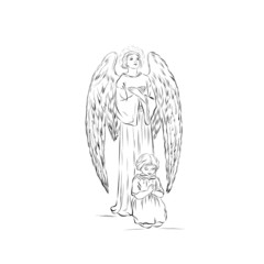 angel prays for a child. little girl sitting on his knees in a prayer pose