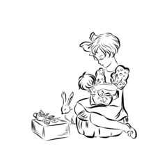 girl with a doll plays with a bow in a dress