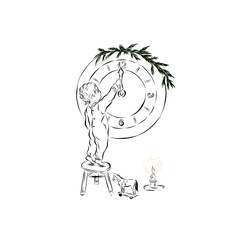 Greeting Christmas Winter Celebration Composition. Boy starts the watch before the chime. Vintage New Year design for card, poster, print, decoration. 