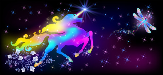 Dragonfly and galloping iridescent unicorn with luxurious winding mane against the background of the fantasy universe with sparkling stars © Marisha