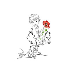 boy with a poppy in his hand and a toy horse. Graphic artistic vector art for vintage decoration, print, card, children's illustration for book