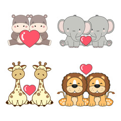 Cute animals couples in love collection.  Vector illustration.