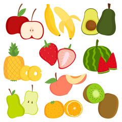 Tropical fruits and fruit slices vector collection, isolated in white background.	